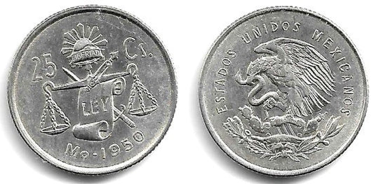 (443) Estados Unidos Mexicanos. 1950. 25 Céntimos (EBC) (Plata)